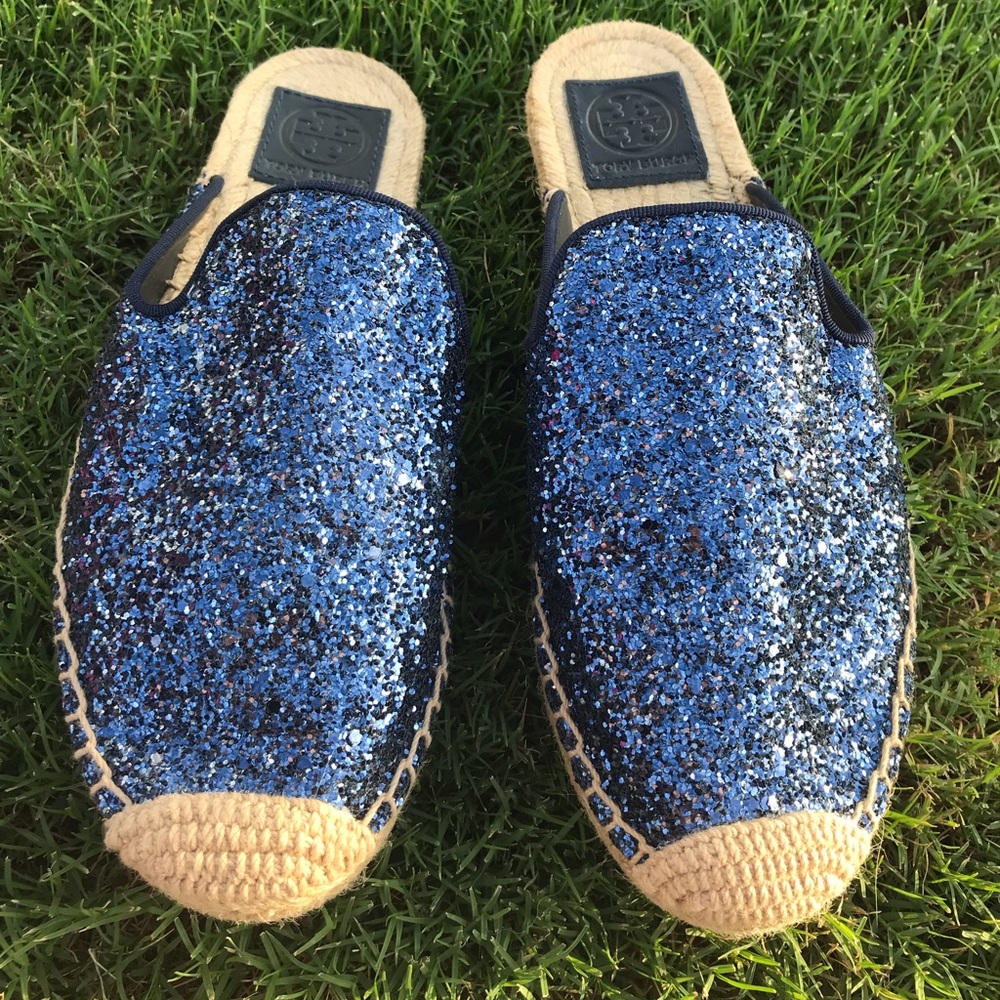 Tory Burch Navy Blue Glitter Espadrille mule slide
